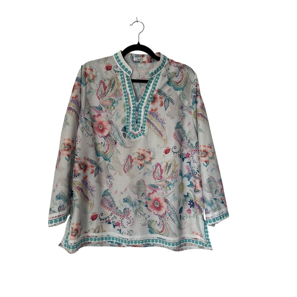 Sage Vell Boho Floral Paisley V-Neck Tunic Top SZ XL Vibrant Multicolor Dot Trim